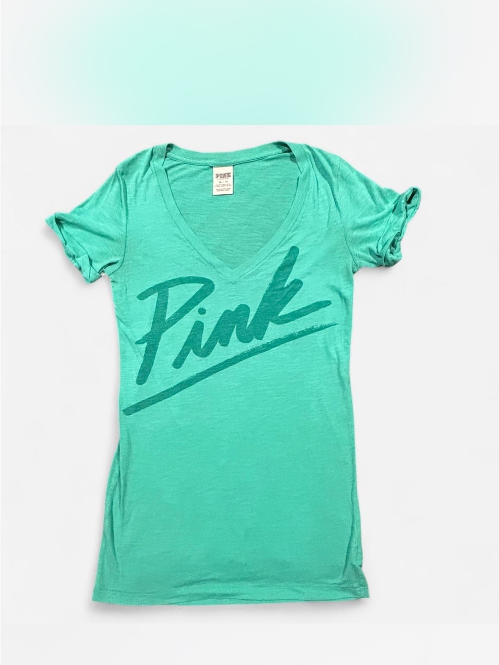 PINK by Victoria's Secret Y2K  Green V-Neck Logo Tee